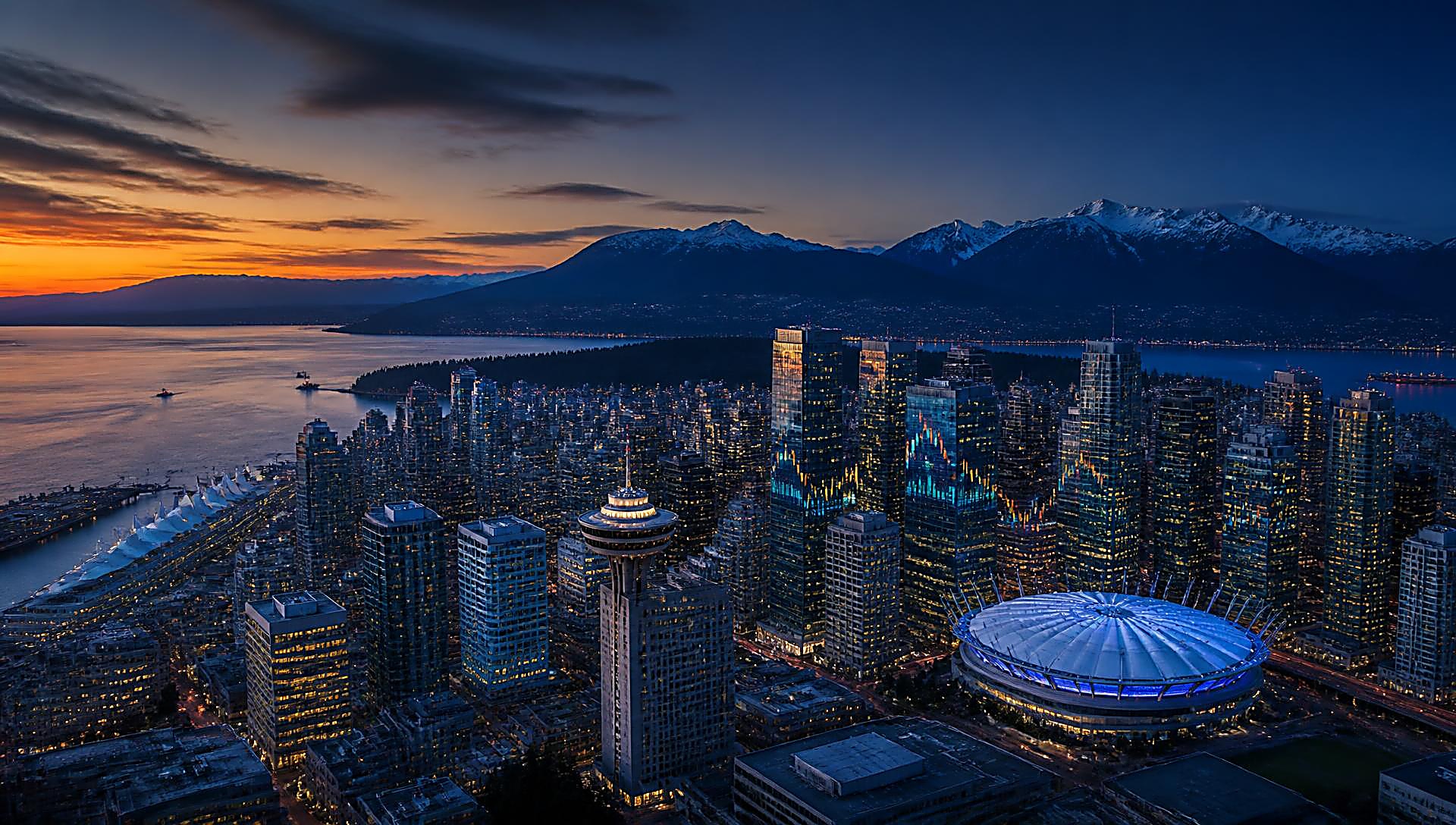 Downtown Vancouver financial district skyline at dusk